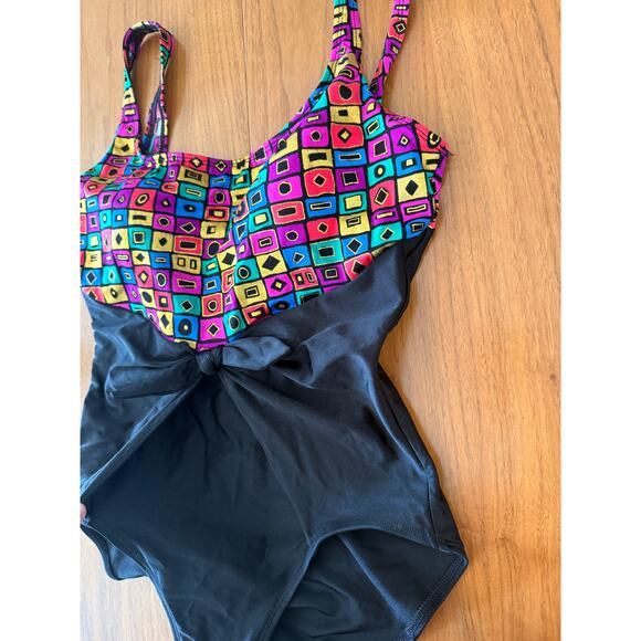 Vintage 80s Oscar de la Renta Swimsuit Size 16 Geometric Metallic Slimming - Picture 5 of 11